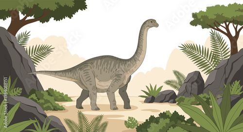 Large brachiosaurus dinosaur walking through a lush prehistoric landscape with rocks, ferns, and tropical trees on a sunny day.