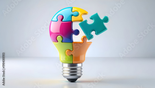 Colorful light bulb puzzle piece idea creativity innovation 3d render concept image of colorful light bulb made of interlocking puzzle piece, one piece floating, symbol for idea, creativity