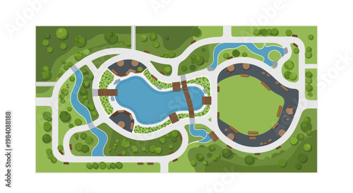 Aerial view of a serene landscape with winding paths lakes and lush greenery in a park setting featuring various attractions and facilities via ImageFX Auto