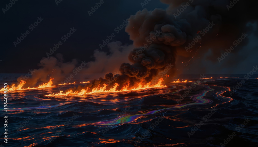 Fototapeta premium Burning oil slick ocean surface night dark blue water fire smoke pollution environmental disaster