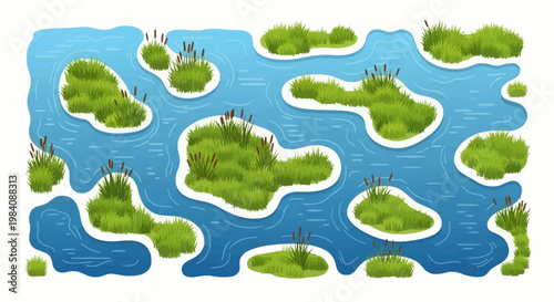 An aerial view of a serene natural landscape featuring numerous small green islands scattered across a calm blue body of water with lush vegetation on each landmass.