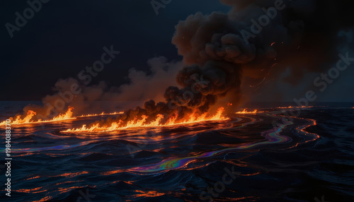 Burning oil slick ocean surface night dark blue water fire smoke pollution environmental disaster