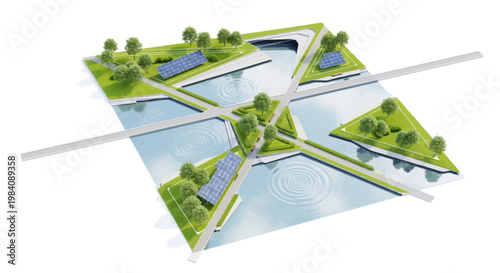 An aerial view of a serene landscape with a large pond surrounded by lush greenery and walkways in a travel destination.