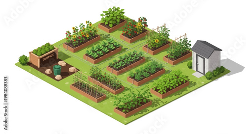 Gardeners cultivate various plants in a vibrant outdoor garden with shed and compost area