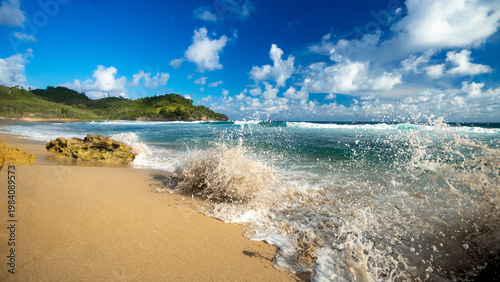 Vászonkép Dynamic ocean wave crashing onto tropical sandy beach and rocks