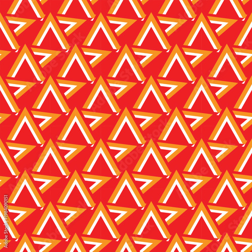 Geometric seamless pattern of interlocking triangles in red orange and white abstract background for design projects modern repeating texture vector illustration