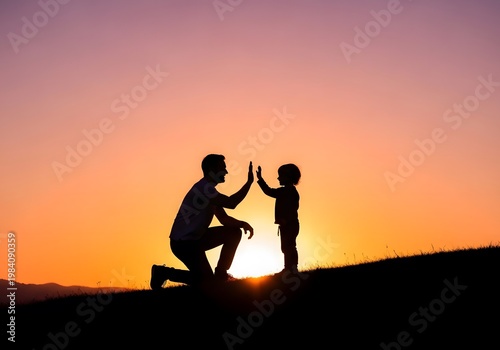 Silhouettes of two people celebrating a sunset by the ocean