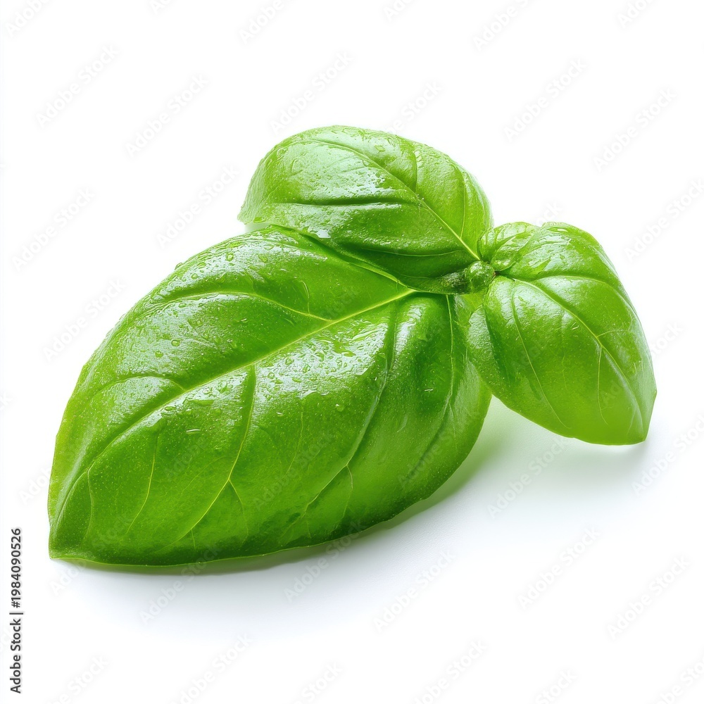 Fototapeta premium Fresh Green Basil Leaf Isolated on White Background With Subtle Sparkle