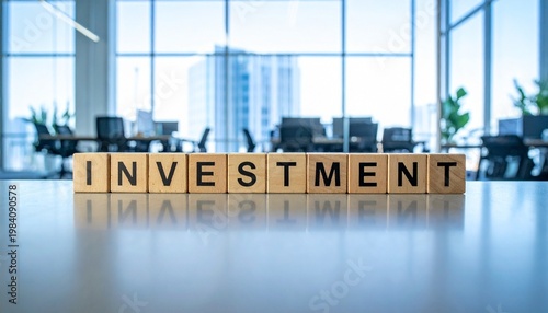 Wooden blocks spell investment, symbolizing finance, growth, and opportunity