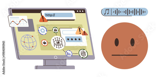 Internet safety, cybersecurity, online privacy, identity protection, digital threats, data security. A computer screen shows warning icons with a neutral face and audio waveform. Cybersecurity
