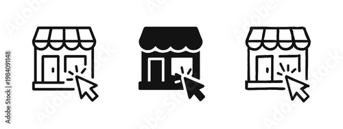 Click to Shop Icon Set with Storefront Building and Mouse Cursor for Online Retail Accessibility