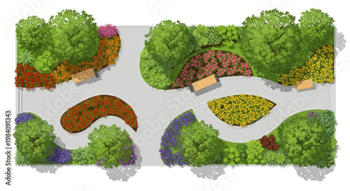 Overhead view of a vibrant garden landscape with winding paths and diverse plants and trees in a serene outdoor setting with flowers and greenery.