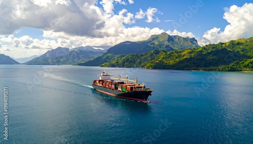 A cargo ship sails through calm waters near a mountainous coastline