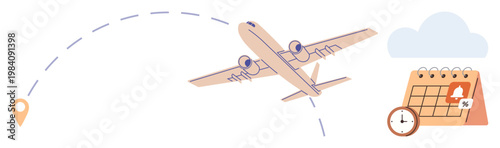 Travel logistics, time management, scheduling, flight booking, punctuality, vacation planning. Airplane flying with a dotted route, clock calendar and notification pin. Travel logistics