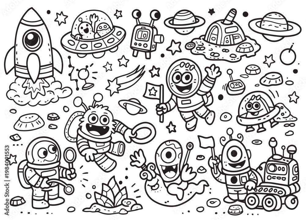 Obraz premium Astronaut alien rocket spaceship planet space cartoon doodle Happy cartoon astronaut and alien