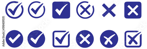 Check mark icon button set. Check box icon with right and wrong buttons and yes or no checkmark icons in green tick box and red cross. Isolated checkmark symbol, right and wrong sign concept. Icon.