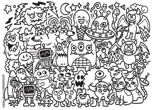 Monster doodle cartoon black white illustration cute funny happy alien