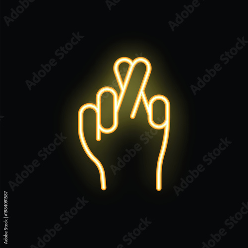 Glowing neon yellow crossed fingers on a black background symbolizing hope and superstition