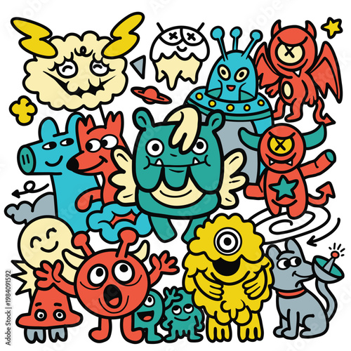 Cute monster cartoon doodle colorful fantasy animal happy playful character illustration