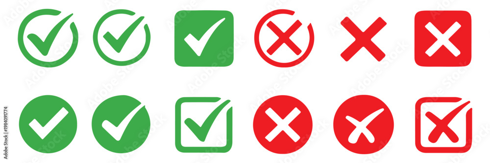 Fototapeta premium Check mark or tick mark and cross sign. Green check and red X icons, Right or wrong icons. Checkmark and x mark icon for apps and websites. Buttons for vote, election choice decision and web use. 
