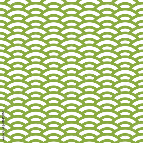 Seamless green and white wave pattern traditional Japanese Seigaiha motif for textile design and backgrounds abstract geometric texture vector illustration