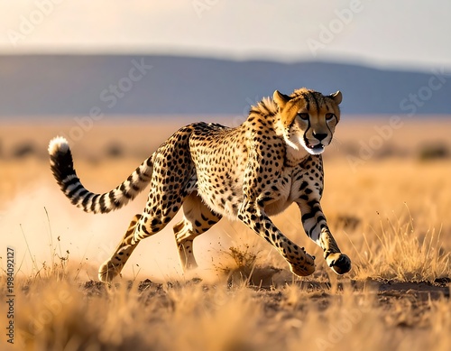 A cheetah sprints across an open plain