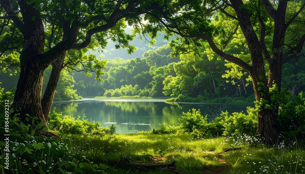 Obraz premium A serene landscape with trees and a body of water