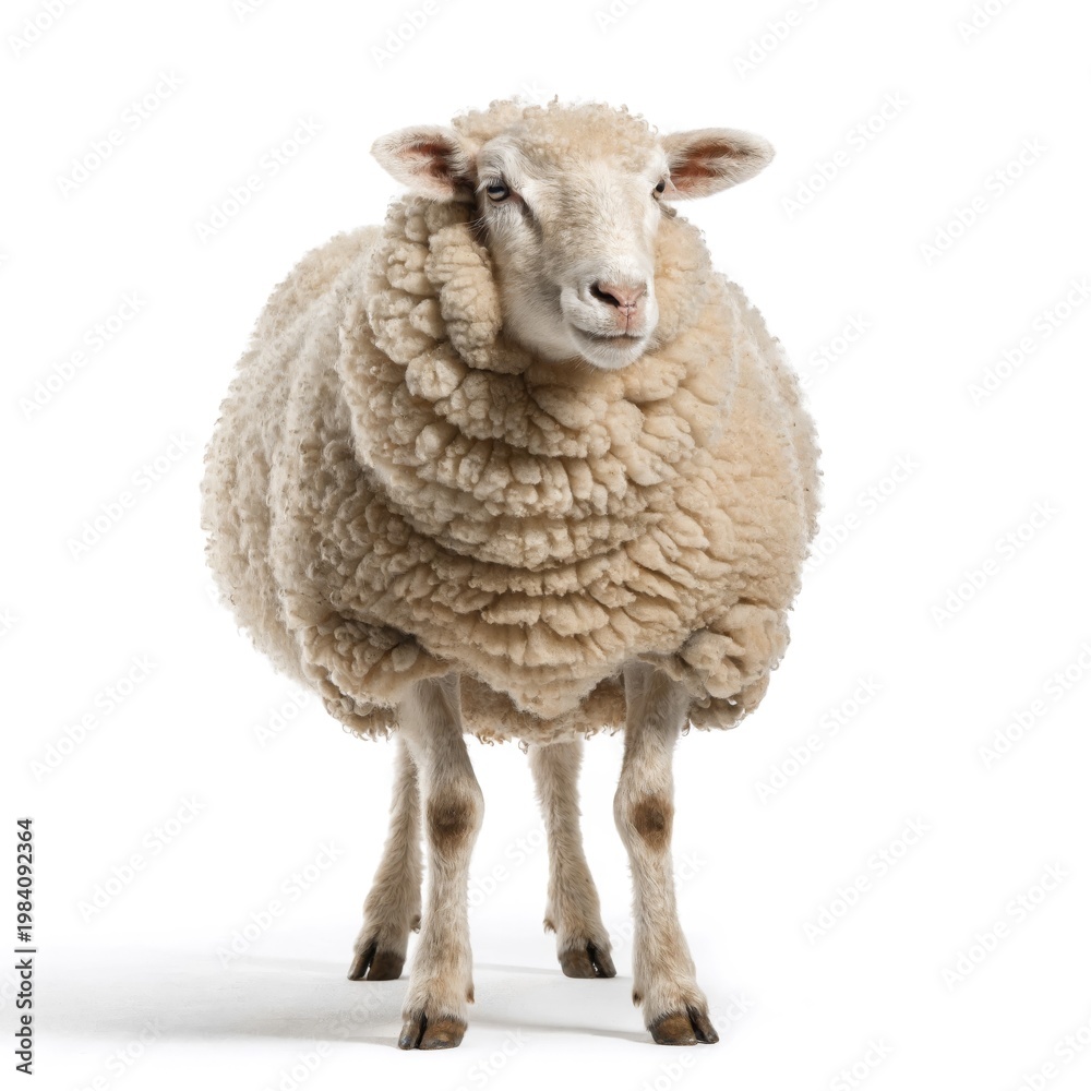Fototapeta premium Fluffy Sheep with Textured Wool Standing Fully Visible on a White Background