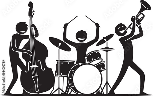 Jazz band vector art with musicians playing trumpet drums and double bass perfect for music themed designs.