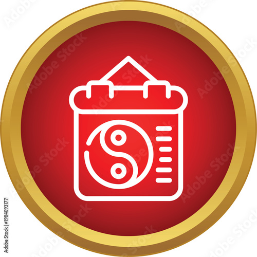 Red circle icon showing a traditional chinese calendar with a yin yang symbol