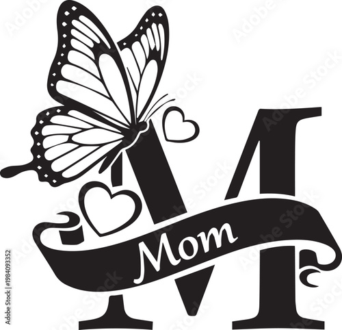 Monogram letter m with butterfly and heart icons for mothers day celebration design and personalized family themed gift projects.