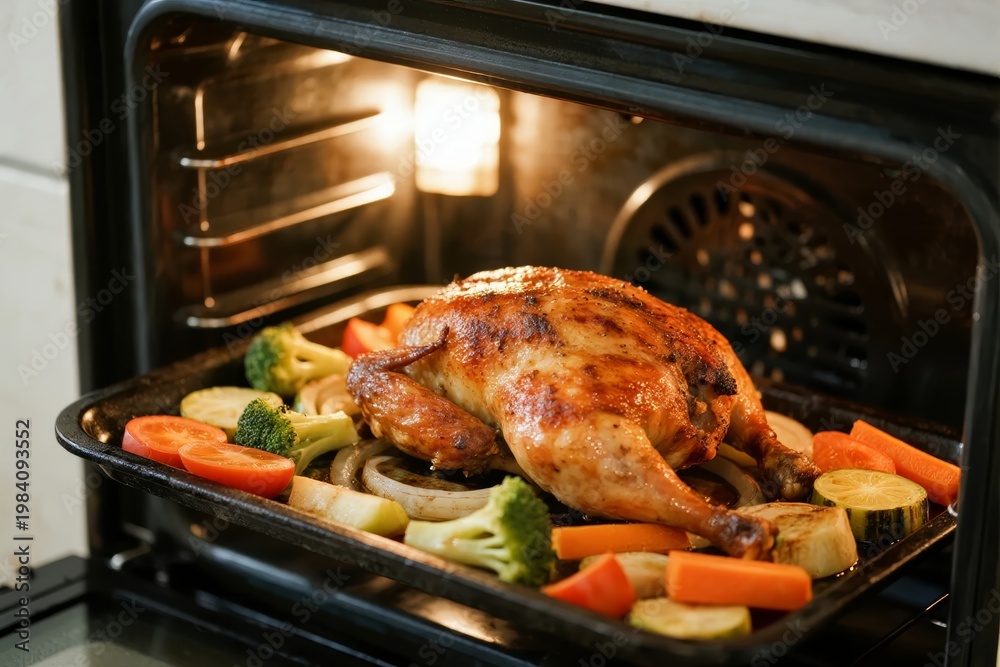 Fototapeta premium Roasted chicken with vegetables cooking in an oven
