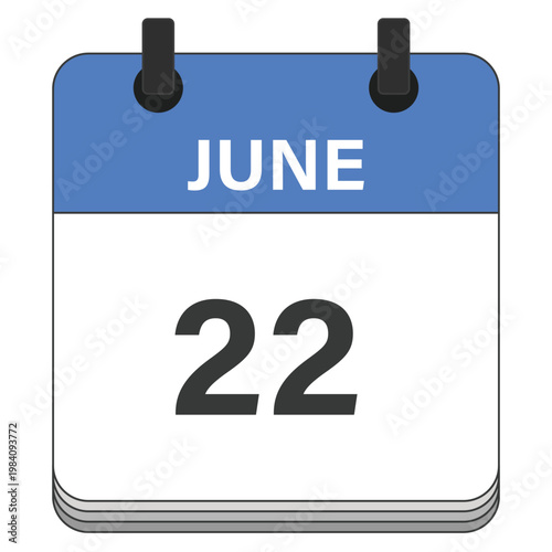 June 22 Calendar Date Design. Date and time element. Vector illustration.
