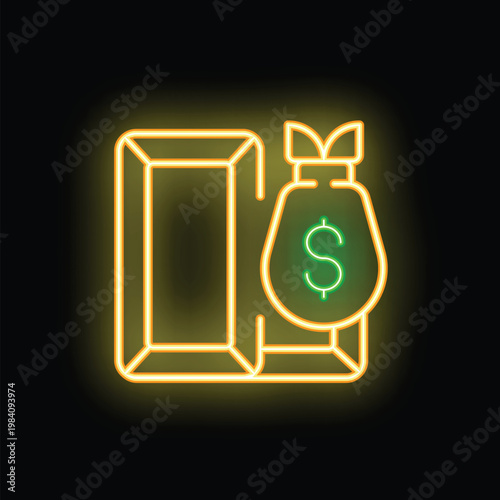 Bright neon sign depicting a bag of money standing on a pedestal