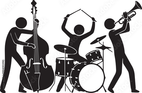 Jazz band trio playing instruments silhouette with double bass drums and trumpet for music concept.