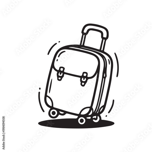 Hand drawn black and white line art illustration of a travel suitcase with wheels. Perfect for vacation, tourism, and journey concepts in a minimalist doodle style.