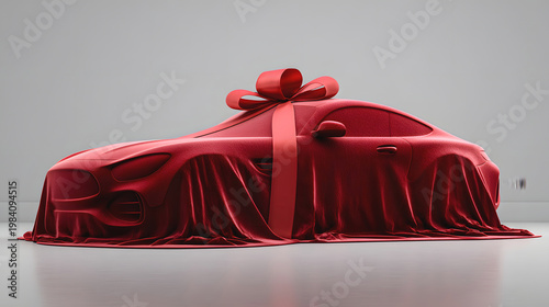 Red gift wrapped car on light background with satin ribbon bow