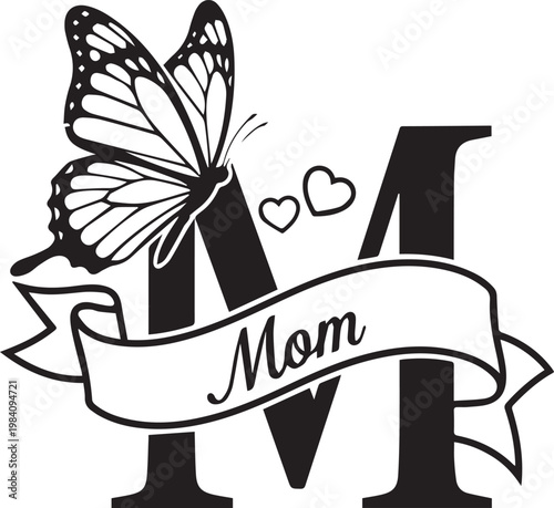 Mom letter m with butterfly and hearts vector design perfect for mother's day gifts and apparel.