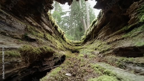 Moss-covered log in forest with sunlight filtering through