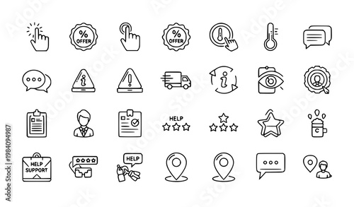 Mobile UI outline icons with swipe gesture discount delivery chat and health symbols for modern applications