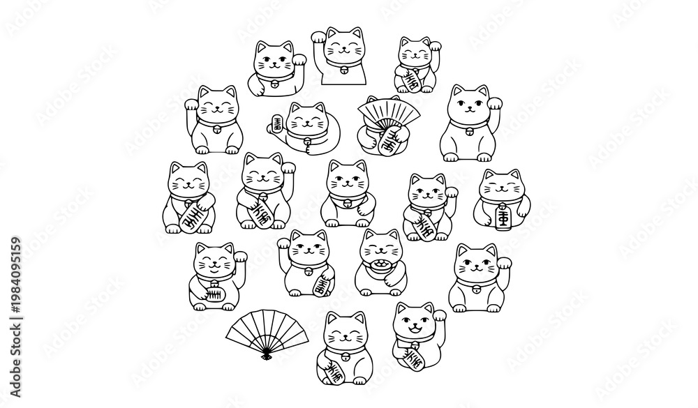 Fototapeta premium Modern circular maneki neko line icons with lucky cat mascot and Japanese culture symbols in minimal style