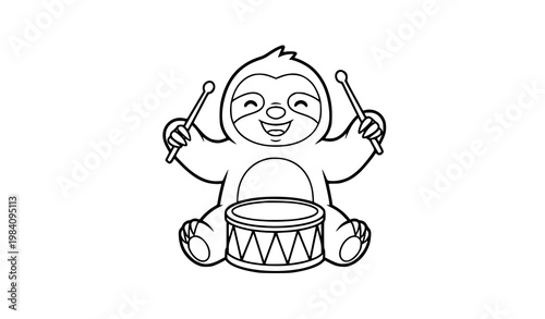 Cute sloth playing drum coloring page outline funny animal musician cartoon for kids activity book