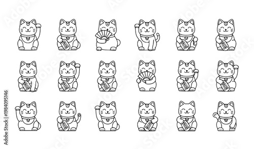 Maneki neko outline icon set with lucky cat mascot poses in minimal Japanese style for web and app design