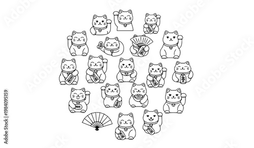 Modern circular maneki neko line icons with lucky cat mascot and Japanese culture symbols in minimal style