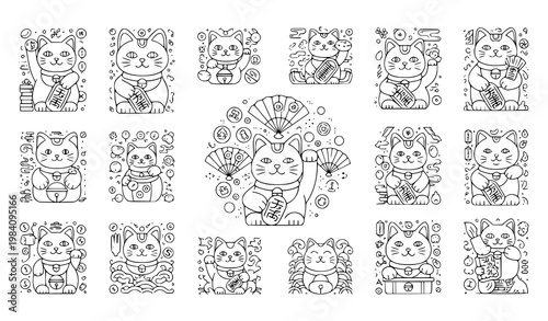 Geometric maneki neko outline collection with lucky cat mascots and Japanese cultural symbols for web design