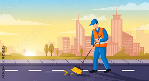 City worker sweeping the street with a broom during sunrise in a modern city with skyscrapers
