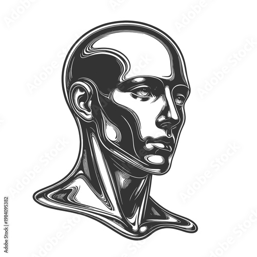 futuristic metallic human head in profile, blending anatomy with robotic design and smooth reflective surfaces sketch engraving generative ai vector illustration. Scratch board. Black and white image.