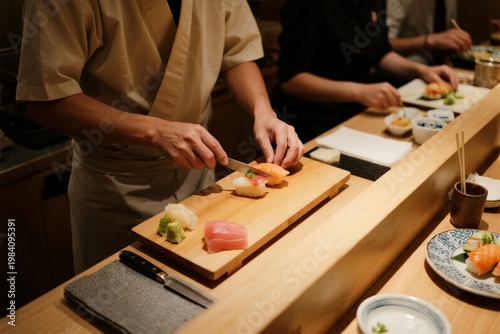 Sushi chef prepares fresh sushi at a wooden counter in a traditional Japanese restaurant