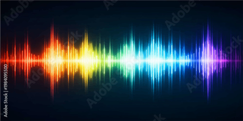 Abstract colorful vector background featuring a bright digital sound equalizer and wavy rainbow light lines on a textured black backdrop for modern technology wallpaper design
