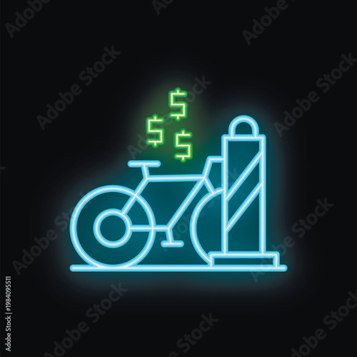 Neon sign representing a bike sharing business making profit with a bicycle and dollar signs